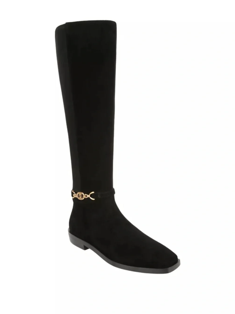 Sam Edelman Black Knee-High Suede Boot with Gold Chain Detail Size 7.5